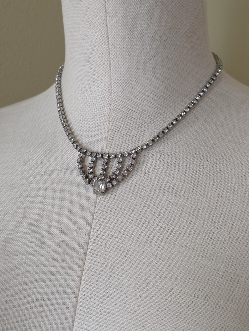 Vintage Rhinestone Collar Necklace Silver Tone  1950s 60s